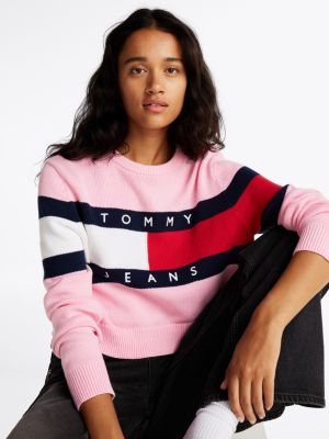 pink colour-blocked flag relaxed jumper for women tommy jeans