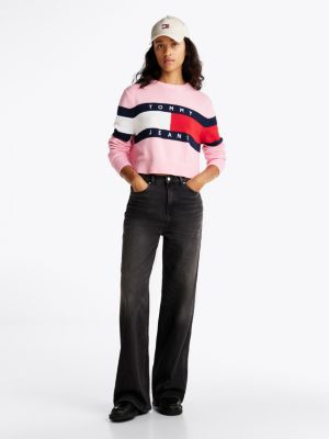 pink colour-blocked flag relaxed jumper for women tommy jeans