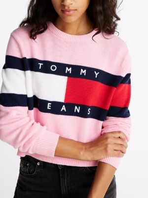 pink colour-blocked flag relaxed jumper for women tommy jeans