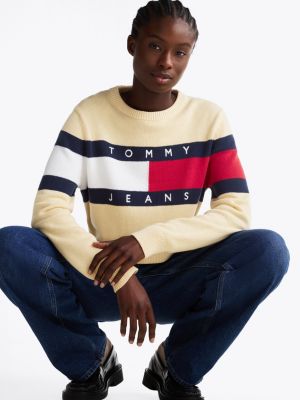 yellow colour-blocked flag relaxed jumper for women tommy jeans