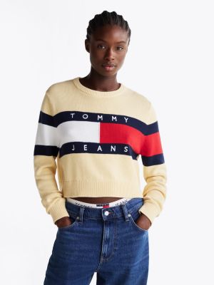 yellow colour-blocked relaxed fit trui met vlag voor dames - tommy jeans