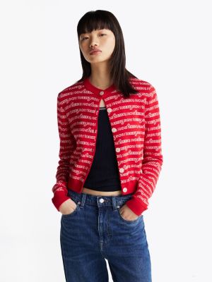 multi all-over logo cropped slim cardigan for women tommy jeans