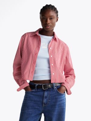 multi stripe poplin cropped relaxed shirt for women tommy jeans