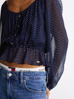 blau slim fit bluse mit stern-print und rüschen für damen - tommy jeans