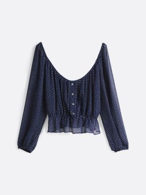 blue star print ruffle slim blouse for women tommy jeans