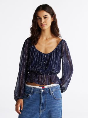 blouse ajustée motif étoiles et volant blue pour femmes tommy jeans