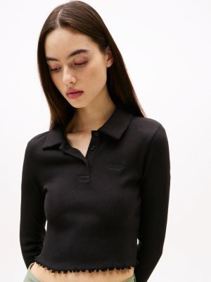 schwarz slim cropped fit langarm-poloshirt für damen - tommy jeans