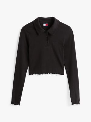 black slim long sleeve cropped polo shirt for women tommy jeans