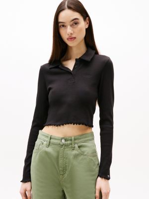 zwart slim fit cropped polo met lange mouwen voor dames - tommy jeans