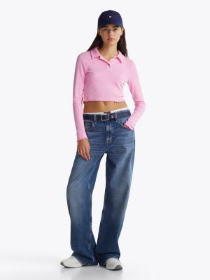 pink slim long sleeve cropped polo shirt for women tommy jeans