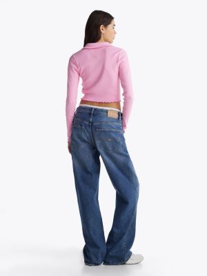 roze slim fit cropped polo met lange mouwen voor dames - tommy jeans