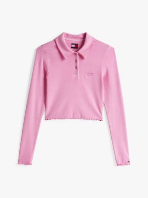 roze slim fit cropped polo met lange mouwen voor dames - tommy jeans