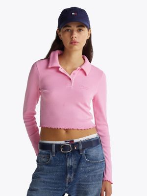 pink slim fit cropped polo met lange mouwen voor dames - tommy jeans