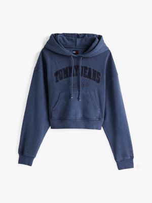 blue boxy garment-dyed cropped hoody for women tommy jeans