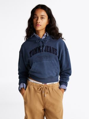 blue boxy garment-dyed cropped hoodie voor dames - tommy jeans