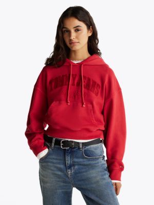 felpa crop squadrata con cappuccio rosso da donne tommy jeans