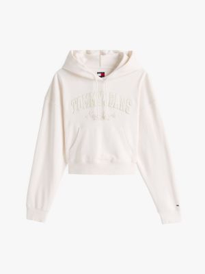 weiß boxy cropped fit hoodie in stückfärbung für damen - tommy jeans