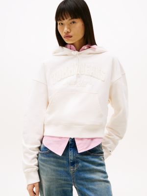 white boxy cropped fit hoodie in stückfärbung für damen - tommy jeans