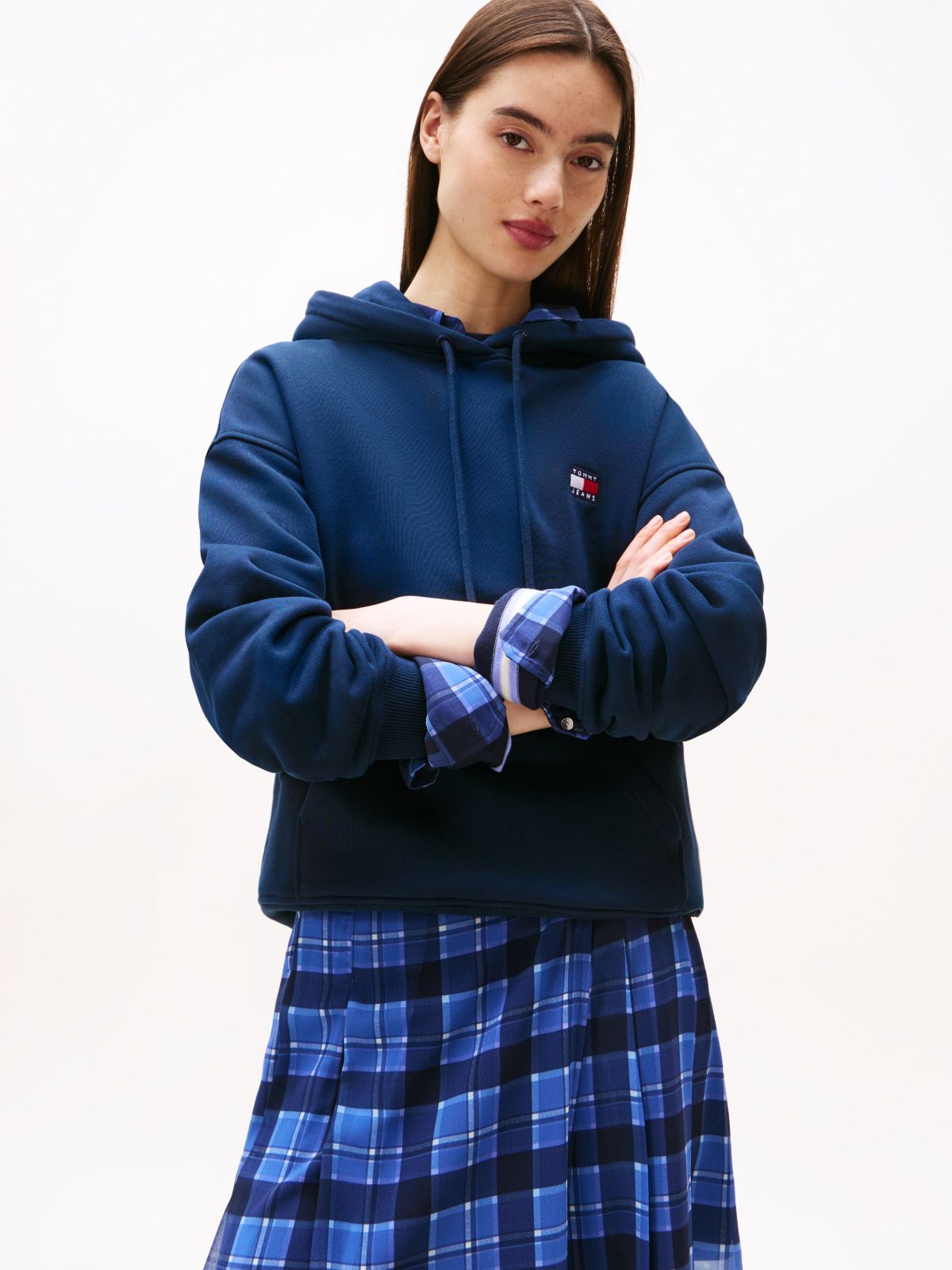 Tommy Badge Brushed Terry Boxy Hoody — Blue