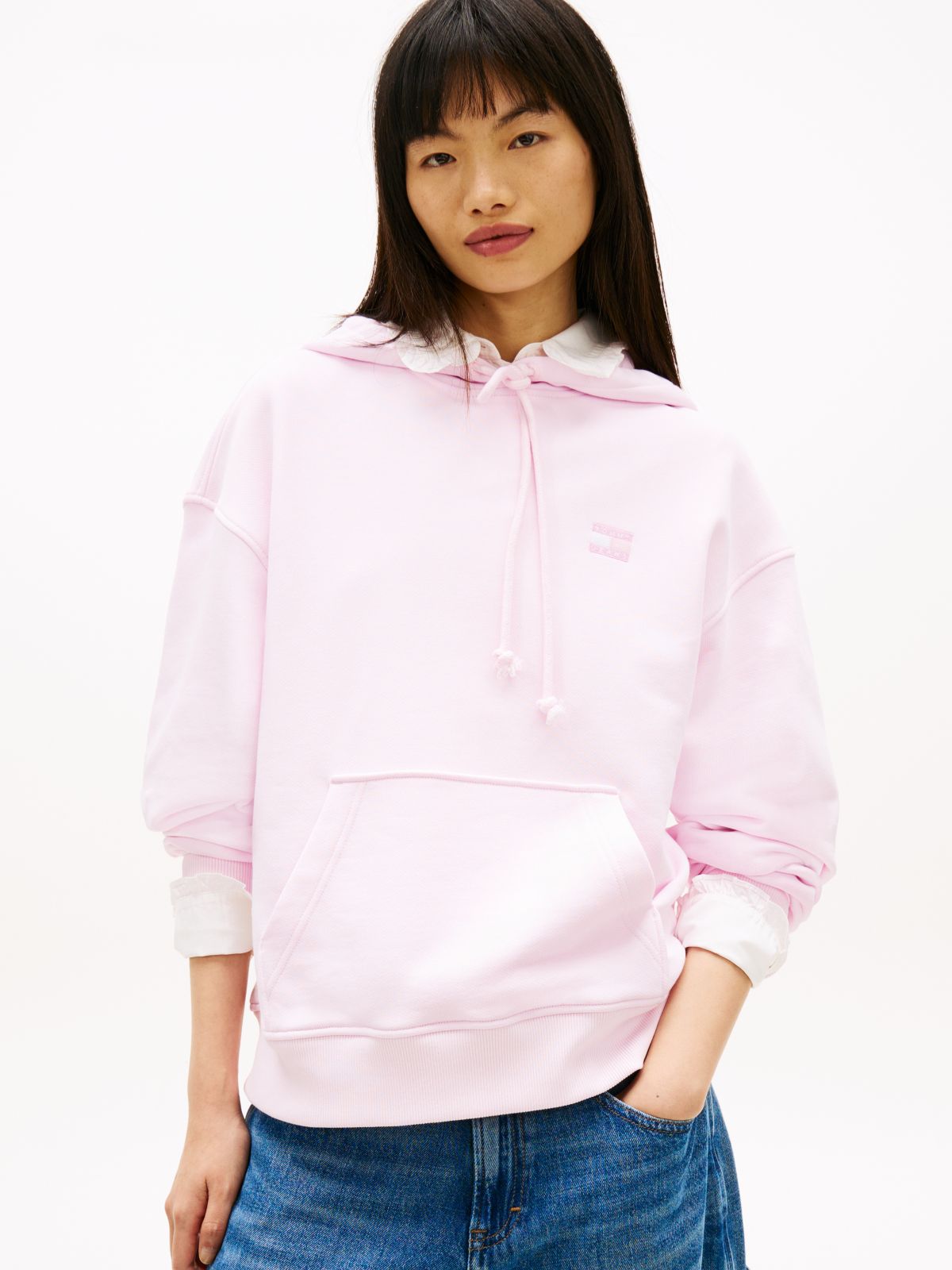 Tommy Badge Brushed Terry Boxy Hoody — Pink