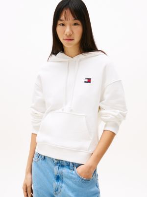 white boxy hoodie met tommy-badge voor dames - tommy jeans