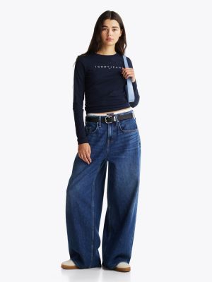 camiseta de manga larga con corte slim y logo azul de mujeres tommy jeans