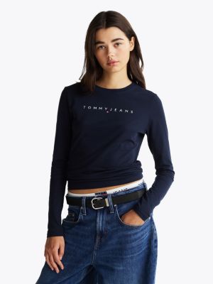 blue slim fit langarmshirt mit logo für damen - tommy jeans