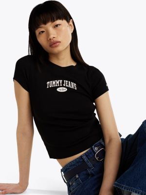 t-shirt varsity slim fit a coste nero da donne tommy jeans