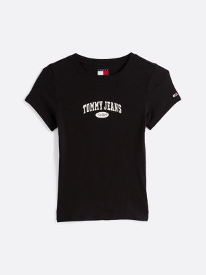 schwarz varsity geripptes slim fit t-shirt für damen - tommy jeans