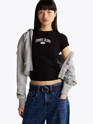 black varsity geripptes slim fit t-shirt für damen - tommy jeans