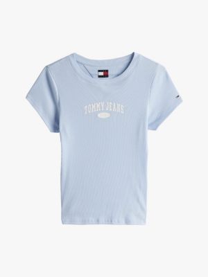 t-shirt ajusté varsity côtelé bleu pour femmes tommy jeans