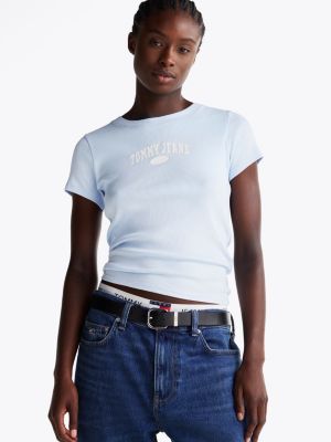 t-shirt ajusté varsity côtelé bleu pour femmes tommy jeans