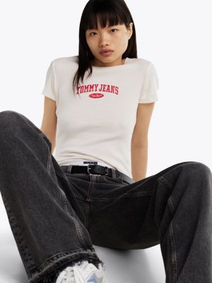 weiß varsity geripptes slim fit t-shirt für damen - tommy jeans