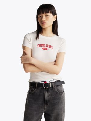 white varsity geripptes slim fit t-shirt für damen - tommy jeans