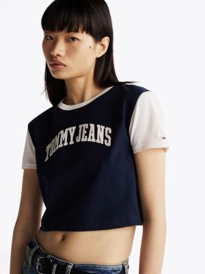 kolorowy t-shirt o skróconym kroju z logo varsity dla kobiety - tommy jeans