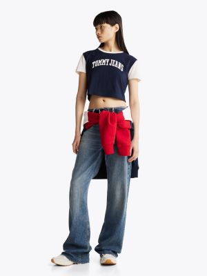 kolorowy t-shirt o skróconym kroju z logo varsity dla kobiety - tommy jeans