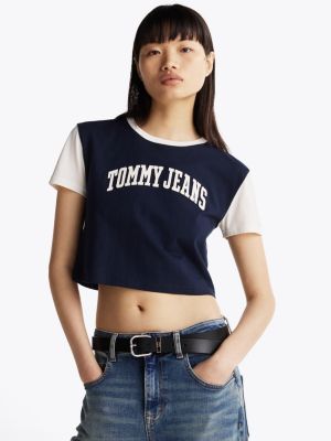 t-shirt crop varsity con logo multi da donne tommy jeans