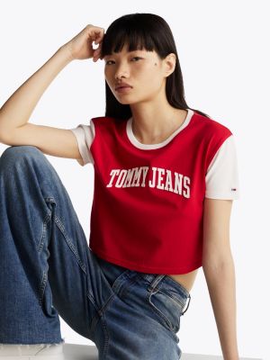 kolorowy t-shirt o skróconym kroju z logo varsity dla kobiety - tommy jeans