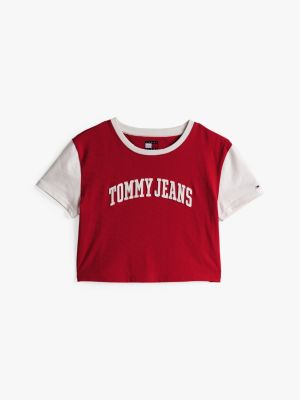 kolorowy t-shirt o skróconym kroju z logo varsity dla kobiety - tommy jeans
