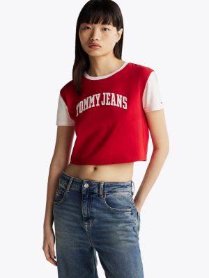 t-shirt crop varsity con logo multi da donne tommy jeans