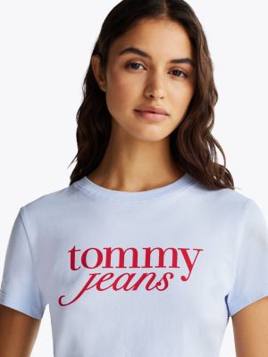 blau slim fit t-shirt mit logo für damen - tommy jeans