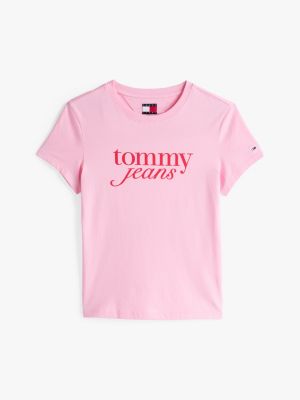 t-shirt slim fit con logo rosa da donne tommy jeans