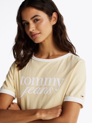 t-shirt décontracté à logo cursive contrasté jaune pour femmes tommy jeans