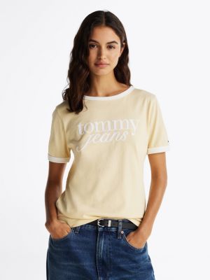 t-shirt décontracté à logo cursive contrasté yellow pour femmes tommy jeans