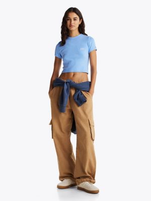 blau cropped slim fit t-shirt mit logo für damen - tommy jeans