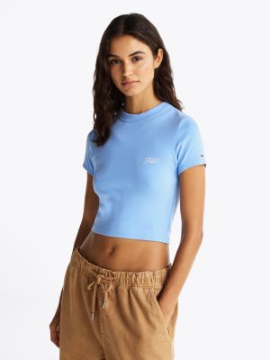 t-shirt court ajusté à logo cursive blue pour femmes tommy jeans