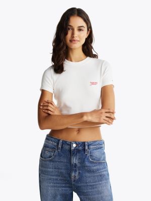 t-shirt crop slim fit con logo white da donne tommy jeans