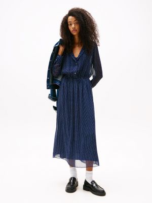 blue star print pleated midi dress for women tommy jeans