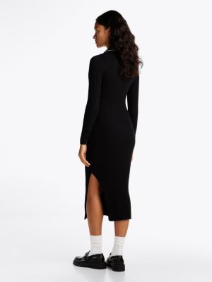 black ribbed slim midi polo dress for women tommy jeans