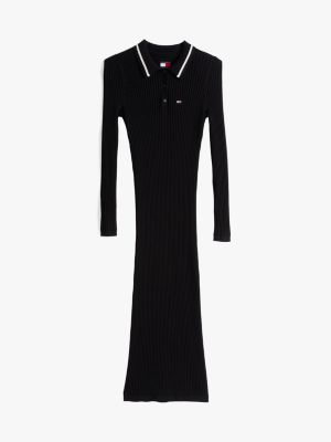 black ribbed slim midi polo dress for women tommy jeans